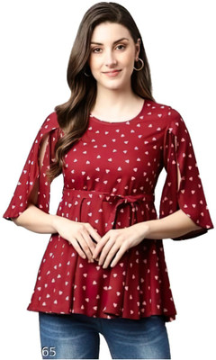 DMT Ethnic Casual Printed Women Maroon Top