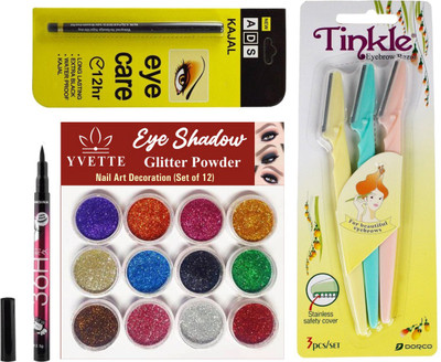 YVETTE EYE SHADOW GLITTER POWDER (12 PCS.), Eyebrow Razor (3 Pcs.), Kajal, Eyeliner 36h(4 Items in the set)