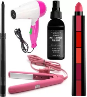 Jollity Ultimate Kajal & Professional Glazed Hair Straightener & Hair Dryer & The Matte Fixer Mist Base Face Spray & 5 In 1 Lipstick(5 Items in the set)