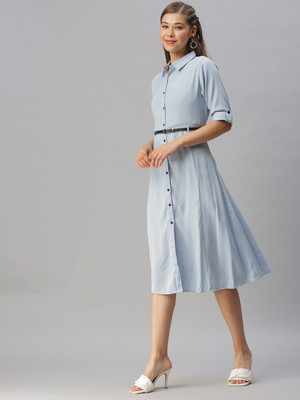 SHOWOFFFF Women Shirt Light Blue Midi/Calf Length Dress