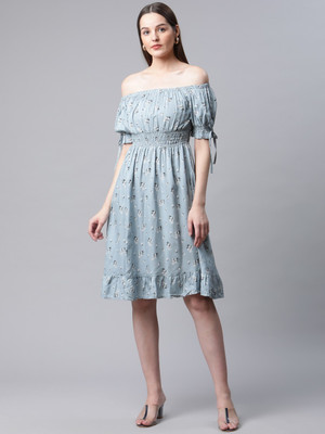 RIVI Women Fit and Flare Grey Knee Length Dress