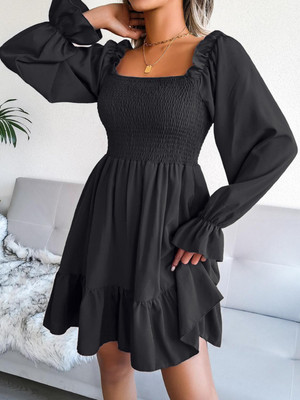 MON FASHION COLLECTION Women Fit and Flare Black Above Knee/Mid Thigh Length Dress