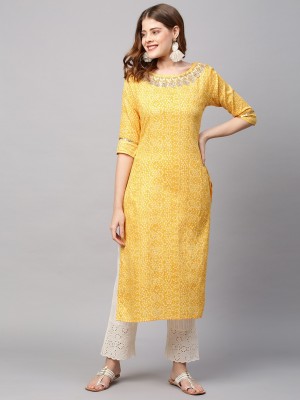 Fashor Women Bandhani Straight Kurta(Yellow)