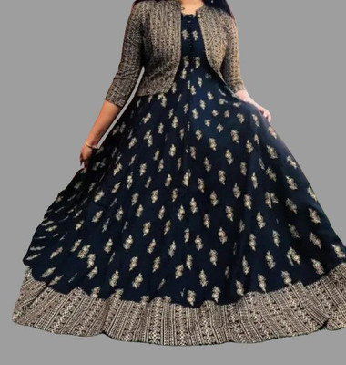 Momina export Women Floral Print Flared Kurta(Black, Gold)