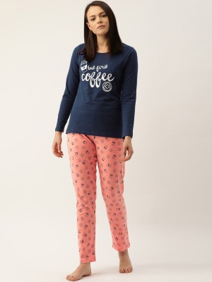 Mackly Women Printed Dark Blue Top & Pyjama Set