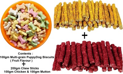 Spunky pets Dog Treat Combo: 100gm Multigrain Fruit Biscuits + 100gm Mix Flavor Chew Sticks Fruit 0.3 kg (3x0.1 kg) Dry New Born, Young, Adult Dog Food