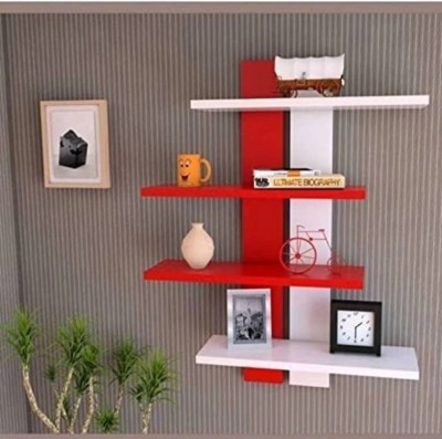 TFS Ladder Shape 4 Tier Designer wall shelf MDF (Medium Density Fiber) Wall Shelf(Number of Shelves - 4, Red, White)