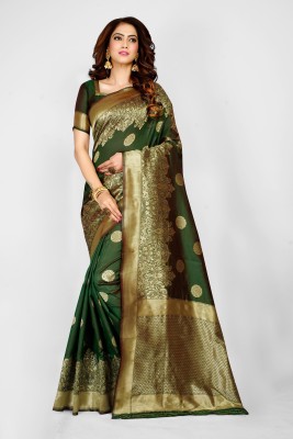 Aformi Woven Banarasi Silk Blend Saree(Dark Green)
