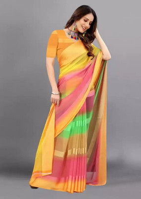 Hetvi Fashion Striped Bollywood Georgette Saree(Orange)