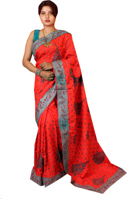 Bhadra Shopping Store Printed Jamdani Silk Blend Saree(Red)