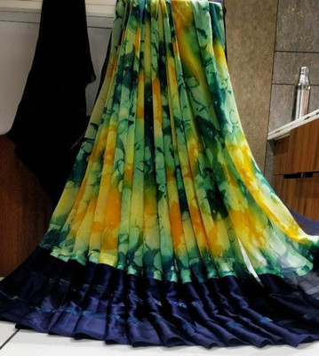 Bombey Velvat Fab Printed, Solid/Plain Leheria Pure Silk, Satin Saree(Dark Blue, Yellow)