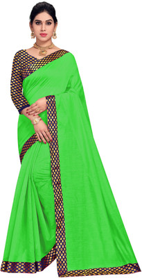 Sidhidata Polka Print, Solid/Plain Chanderi Cotton Blend Saree(Green)