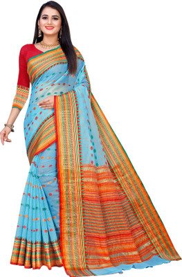 Endues Self Design, Woven Manipuri Silk Blend, Cotton Silk Saree(Light Blue)