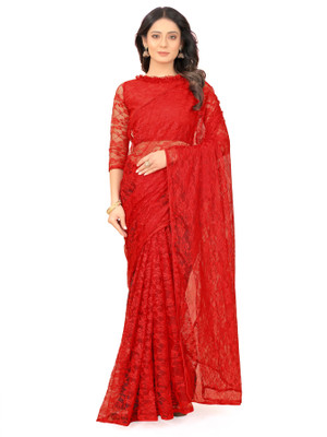 AVANTIKA FASHION Solid/Plain, Embellished, Self Design, Dyed, Woven Bollywood Net, Art Silk Saree(Red)