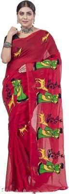 Dreamland Printed Jamdani Cotton Silk Saree(Red)