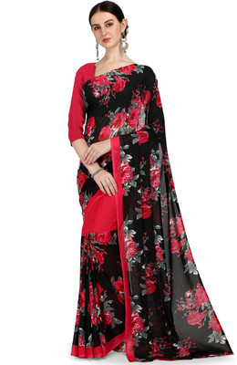 kashvi sarees Printed, Floral Print Daily Wear Georgette Saree(Red, Black)