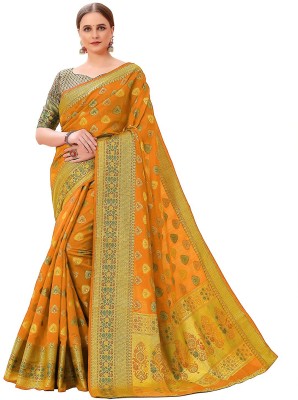 ishika fab Woven Kanjivaram Cotton Silk Saree(Yellow)