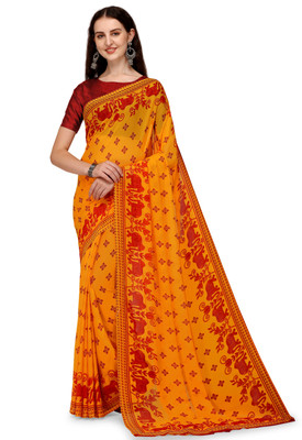 Anand Sarees Printed Daily Wear Georgette Saree(Red, Yellow)