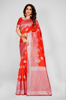 Homigoz Woven Banarasi Silk Blend Saree(Orange)