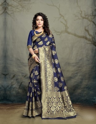 KanjiQueen Woven Kanjivaram Art Silk Saree(Dark Blue)