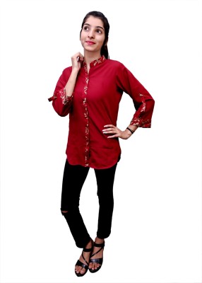 LIBSADRESSES Women Solid Party Red Shirt