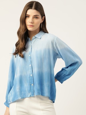 maaesa Women Printed Casual Blue Shirt