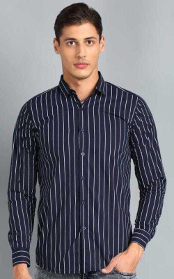 FREANKMEN Men Striped Casual Dark Blue Shirt