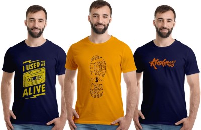 Boodbuck Graphic Print Men Round Neck Dark Blue, Yellow T-Shirt