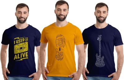 Boodbuck Graphic Print Men Round Neck Dark Blue, Yellow T-Shirt