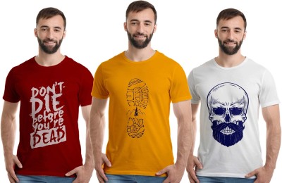 Boodbuck Graphic Print Men Round Neck White, Maroon, Yellow T-Shirt