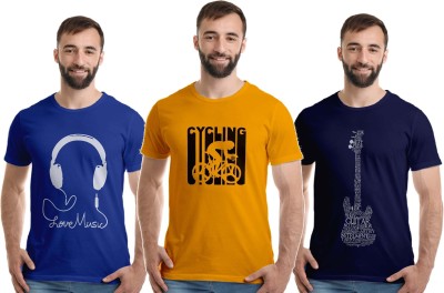 Boodbuck Graphic Print Men Round Neck Dark Blue, Light Blue, Yellow T-Shirt