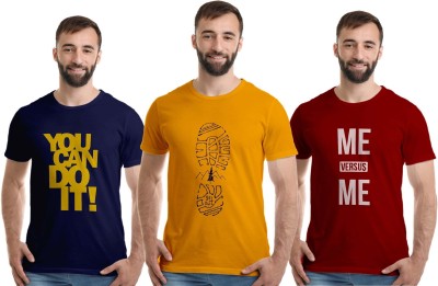 Boodbuck Graphic Print Men Round Neck Dark Blue, Maroon, Yellow T-Shirt