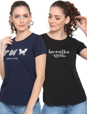 UnaOne Printed Women Round Neck Black, Navy Blue T-Shirt