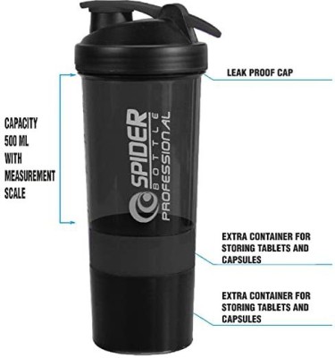 croxlife Protein Shaker Bottle for gym with 3 Storage Extra Compartment 500 ml Shaker 500 ml Shaker(Pack of 1, Black, PET)