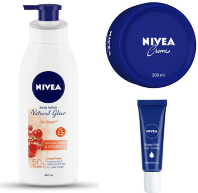 NIVEA NATURAL GLOW CELL REPAIR 400 ML, CREME 200 ML & ESSESTIAL LIP BALM(3 Items in the set)