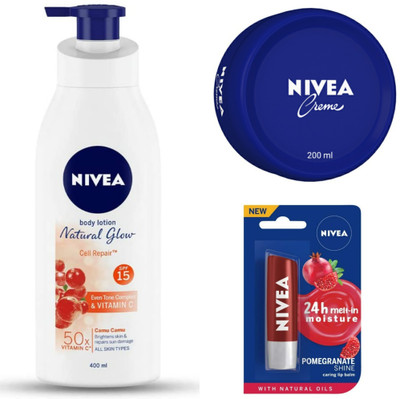 NIVEA NATURAL GLOW CELL REPAIR 400 ML, CREME 200 ML & POMEGRANATE LIP BALM(3 Items in the set)