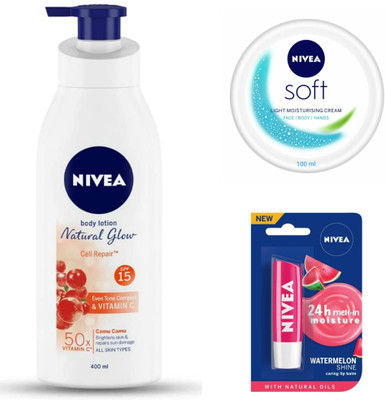NIVEA NATURAL GLOW CELL REPAIR 400 ML, SOFT CREAM 100 ML & WATEMELON LIP BALM(3 Items in the set)