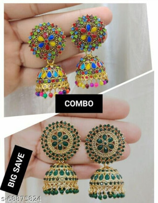 RUBI COLLECTIONS Beautiful Ani Combo Set Of 2 Pair Jhumkas Partywear.(Multicolor &Green Color) Brass Jhumki Earring