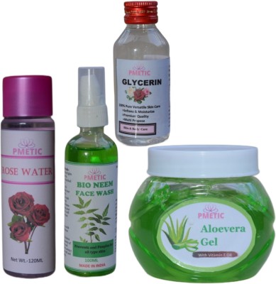 pmetic 200Gm Aloevera Gel,100ml Neem Face Wash,100ml Glycerin,100ml Rose Water For Face(500 ml)