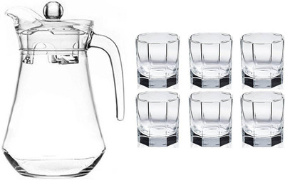S1Store Imperial Lemon jug Set with hexa shape Glass Water Jug, 1.3L jug and 220ml glass Jug Glass Set(glass)