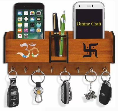 Dinine Craft Wooden 2 Pocket Pen Stand Om Swastik Brown Wood Key Holder (8 Hooks, Brown) Wood Key Holder(8 Hooks, Brown)