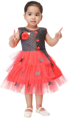 Smuktar garments Girls Midi/Knee Length Casual Dress(Red, Sleeveless)