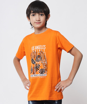 ANIXA Boys & Girls Printed Pure Cotton Regular T Shirt(Orange, Pack of 1)