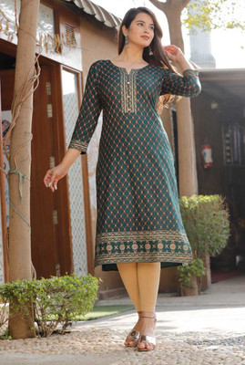 krishna kreation Women Printed Straight Kurta(Dark Blue)
