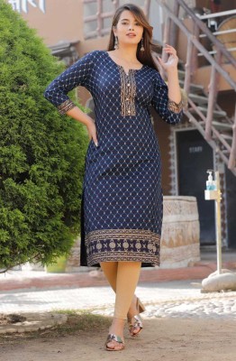 krishna kreation Women Printed Straight Kurta(Dark Blue)