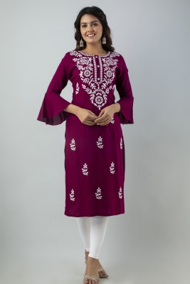 Purvija Kurties Women Chikan Embroidery, Embroidered Straight Kurta(Purple)