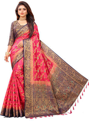 INDI FASHION Self Design Banarasi Cotton Silk Saree(Multicolor)