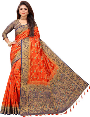 DHRUVIL TEXTILES Self Design Banarasi Cotton Silk Saree(Multicolor)