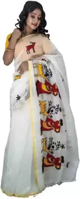 BIDYUT SAREE HOUSE Embroidered Handloom Cotton Silk Saree(White)