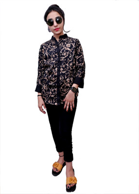 LIBSADRESSES Women Floral Print Party Black Shirt